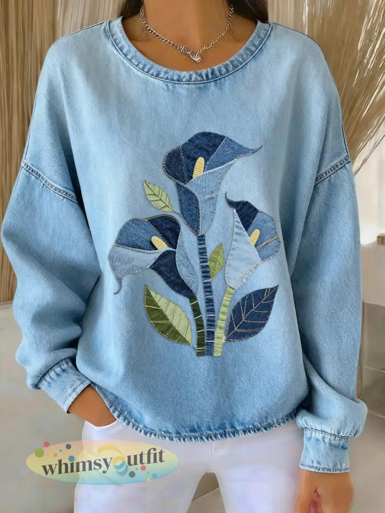 Retro denim gebloemde patchwork kunst geprint casual losse sweatshirt met lange mouwen - Blauw / S