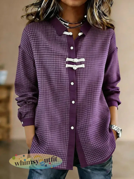 Retro geruite casual damesoverhemd - Purper / S