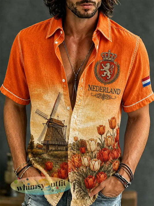 Retro gestoorde landschapsopdruk heren overhemd met korte mouwen - A / S