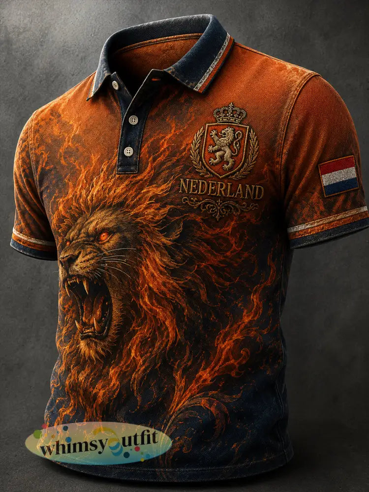 Retro herende leeuwenprint poloshirt met korte mouwen - A / S