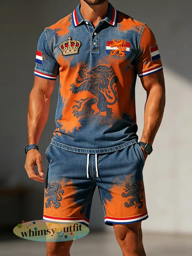 Retro King’s Day casual poloshirt en korte broek voor heren - Veelkleurig / S