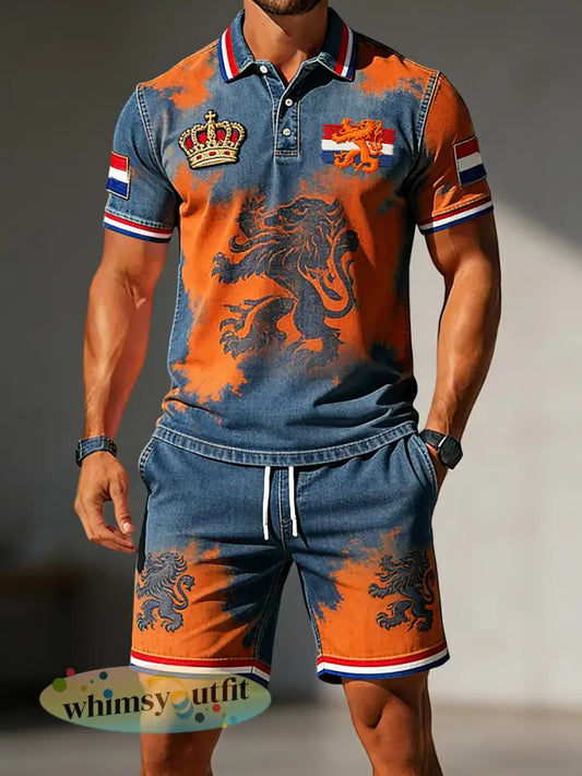 Retro King’s Day casual poloshirt en korte broek voor heren - Veelkleurig / S