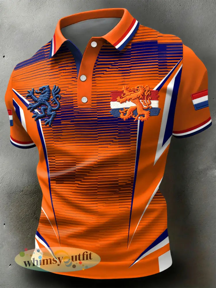 Retro King’s Day-geïnspireerd symmetrisch geometrisch casual poloshirt - Sinaasappel / S