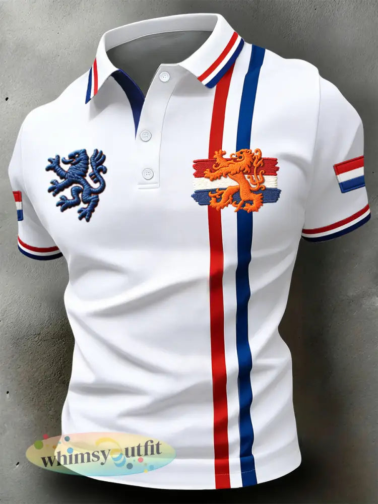 Retro King’s Day gestreept artistiek casual poloshirt - Wit / S