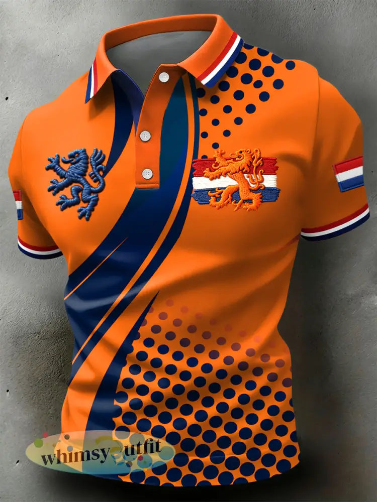 Retro King’s Day Gestreept en Polka-Dot Casual Poloshirt - Sinaasappel / S