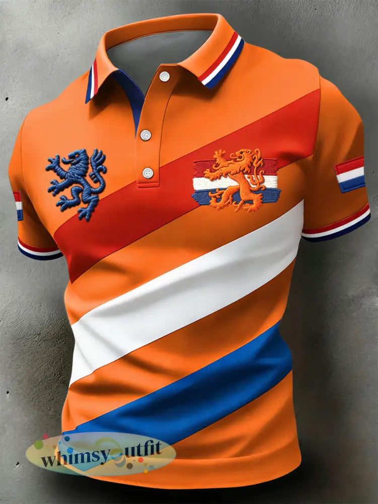 Retro King’s Day gestreept patchwork artistiek casual poloshirt - Sinaasappel / S