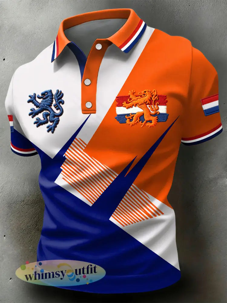 Retro koningsdag abstract geometrisch casual poloshirt - Sinaasappel / S