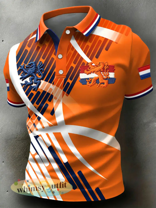 Retro koningsdag abstracte strepen casual poloshirt - Sinaasappel / S