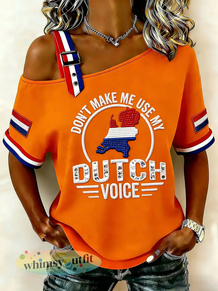 Retro koningsdag dameskaart casual off-the-shoulder T-shirt - Sinaasappel / S