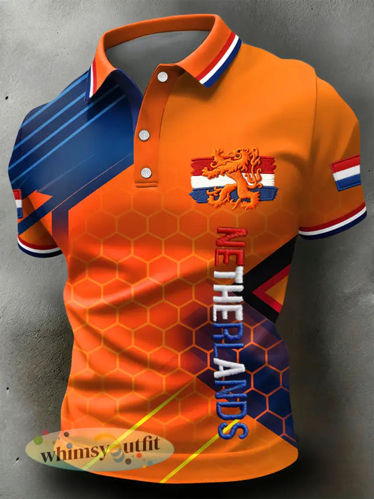 Retro koningsdag geometrisch patroon casual poloshirt - Sinaasappel / S
