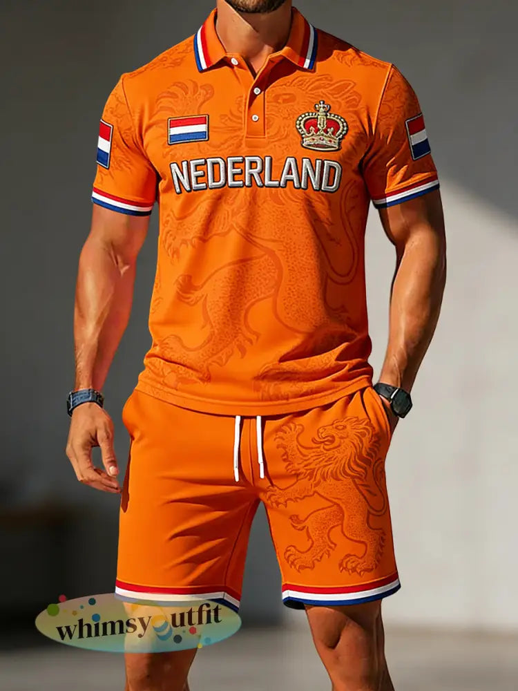Retro koningsdag leeuw casual poloshirt en korte broek voor heren - Sinaasappel / S