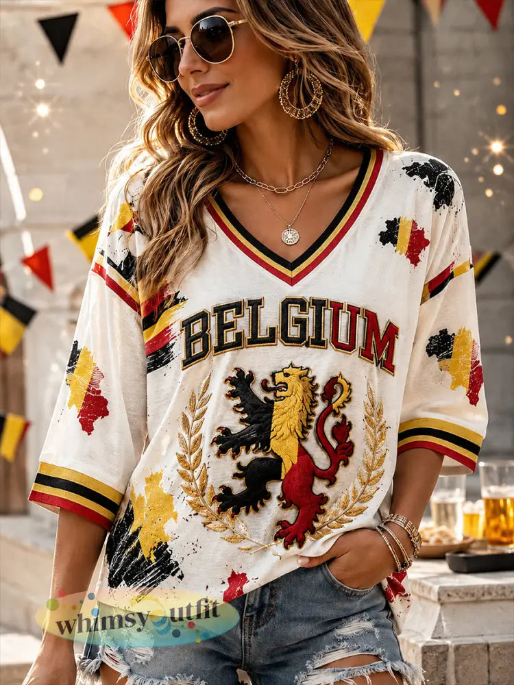 Retro kunstdruk ter ere van de Belgische nationale feestdag casual top - A / S