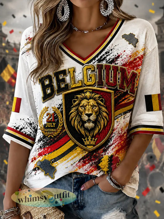 Retro kunstdruk ter ere van de Belgische nationale feestdag casual toptop - A / S