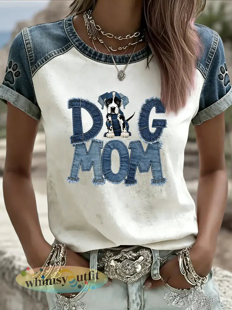 Retro Moederdag ’Hond Mom’ Artistiek Casual T-shirt - Blauw / S