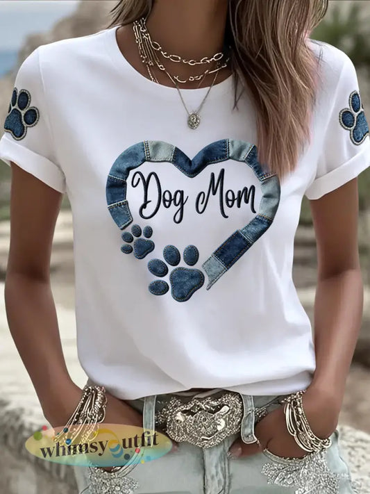 Retro Moederdag ’Hond Mom’ Hartprint Casual T-shirt - Blauw / S