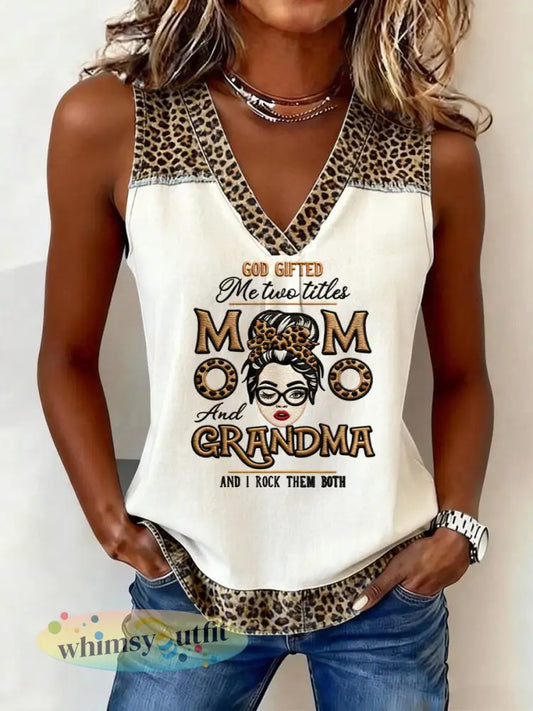 Retro moederdag luipaardprint casual V-hals tanktop voor dames - Abrikoos / S