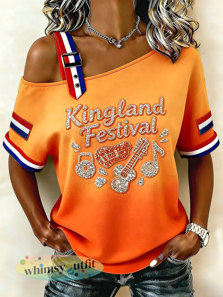 Retro Nederlands Kingland Festival Casual off-the-shoulder T-shirt voor dames - Sinaasappel / S
