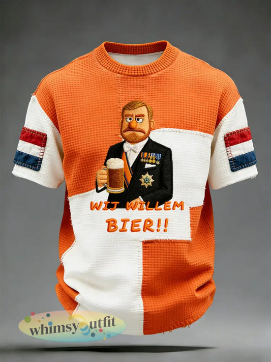 Retro Nederlands Koningsdag Bier Casual Wafel T-shirt - Sinaasappel / S