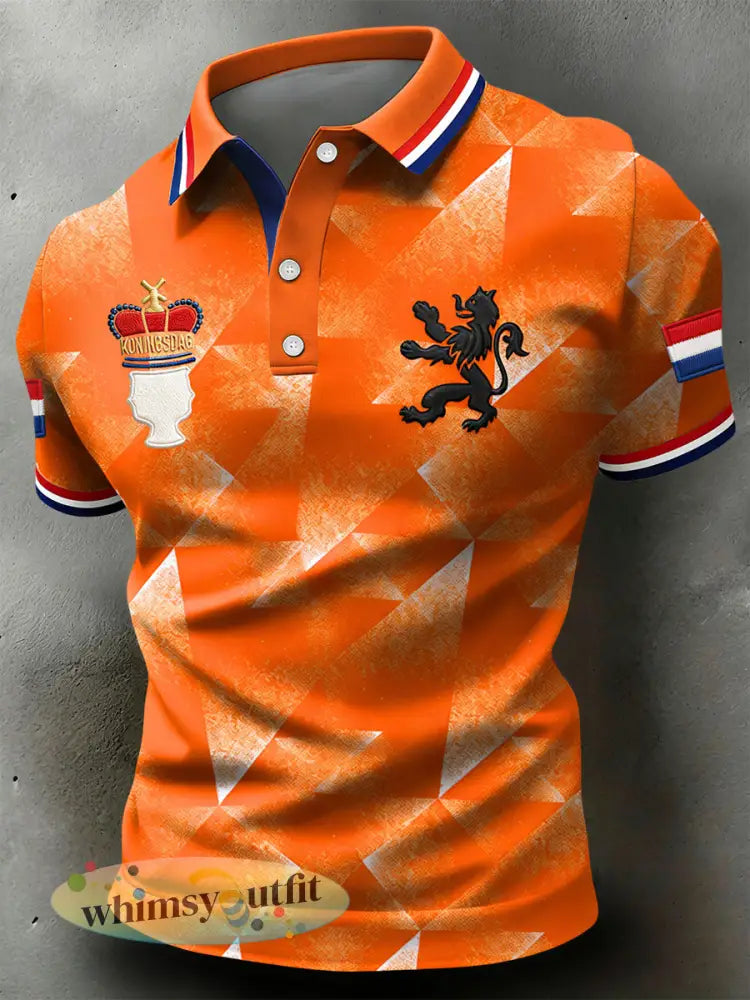 Retro Nederlands Koningsdag Geometrisch casual poloshirt - Sinaasappel / S