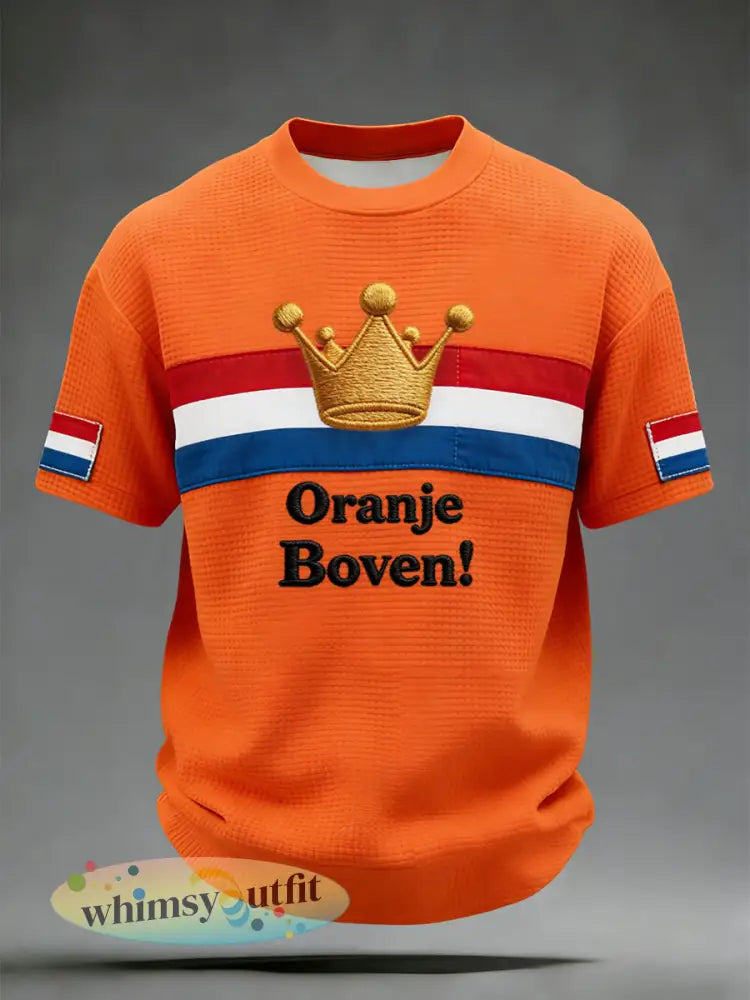 Retro Nederlands Koningsdag Kroon Casual Wafelweefsel T-shirt - Sinaasappel / S