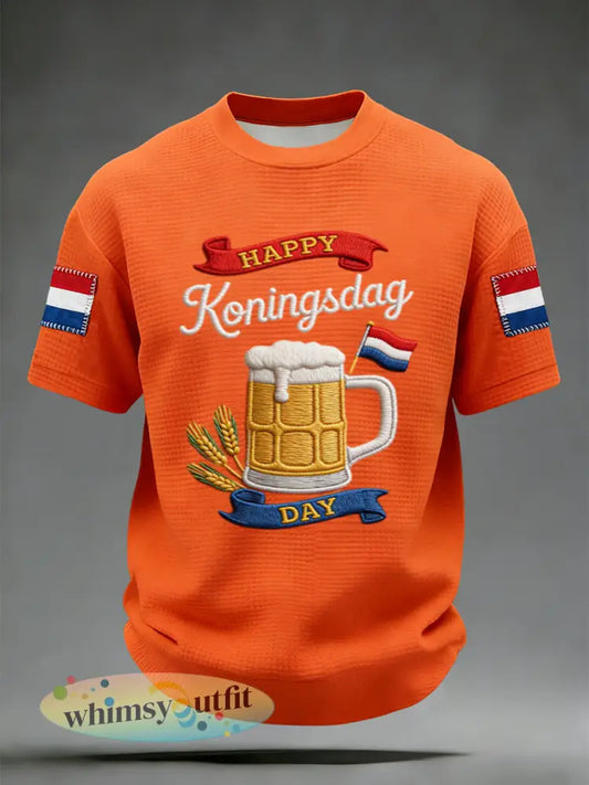 Retro Nederlands Koningsdagfeest Casual Wafel T-shirt - Sinaasappel / S
