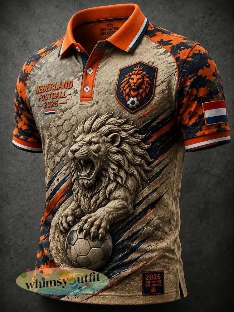 Retro Nederlands voetbal leeuw camouflage casual poloshirt - als foto / S