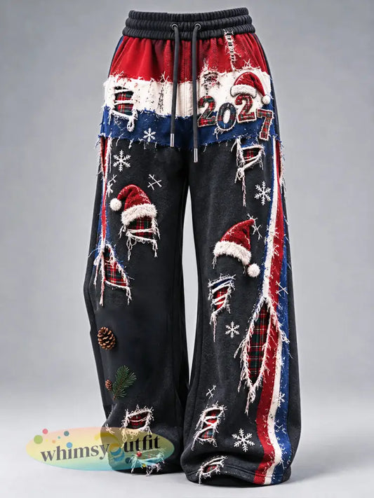 Retro Nederlandse kerst patchwork print casual broek - Zwart / S
