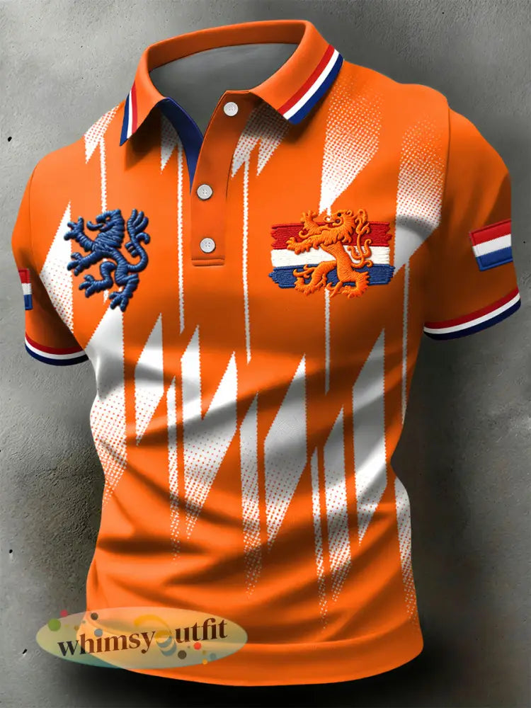 Retro Nederlandse koning geometrisch verleggend casual poloshirt - Sinaasappel / S