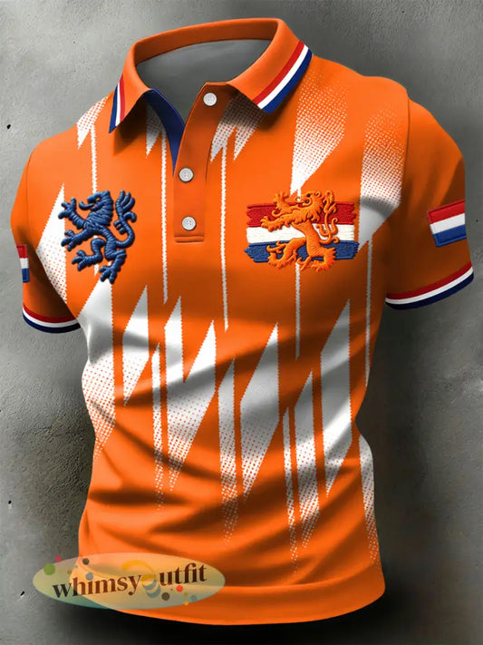 Retro Nederlandse koning geometrisch verleggend casual poloshirt - Sinaasappel / S