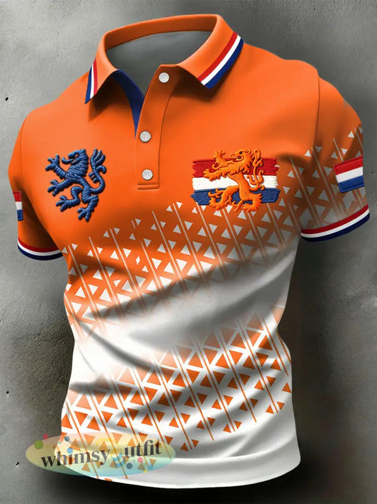 Retro Nederlandse koning geometrisch verleggend casual poloshirt - Sinaasappel / S