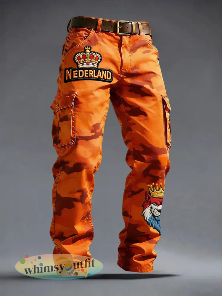 Retro Nederlandse koningsdag abstracte camouflage casual werkbroek - Sinaasappel / S