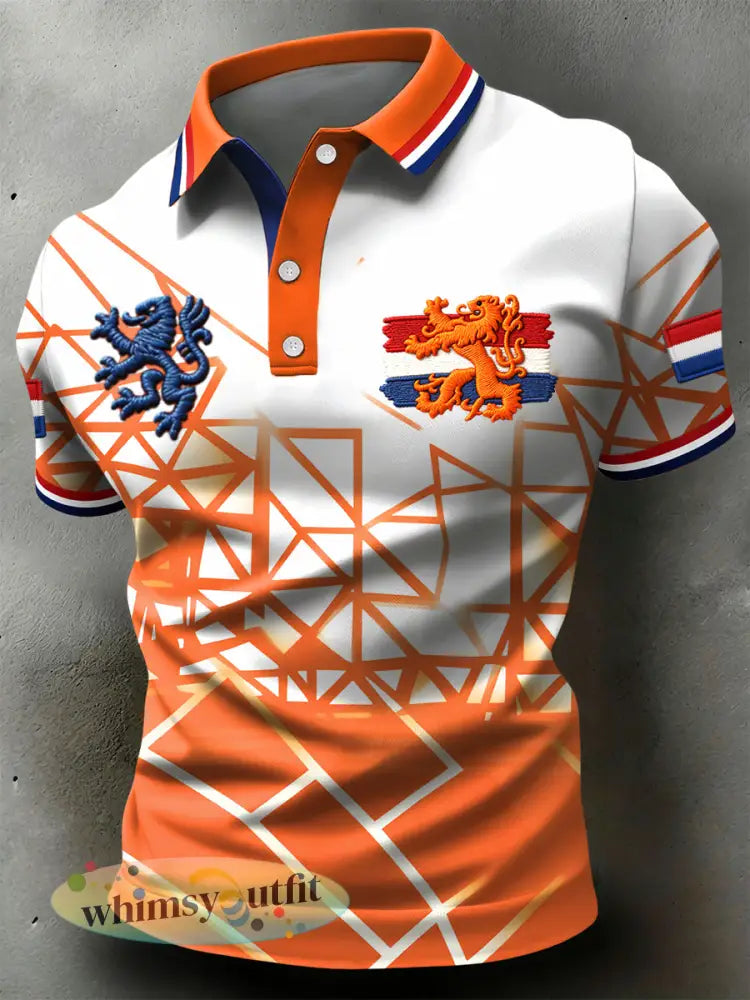 Retro Nederlandse Koningsdag Abstracte Lijn Kunst Casual Poloshirt - Sinaasappel / S