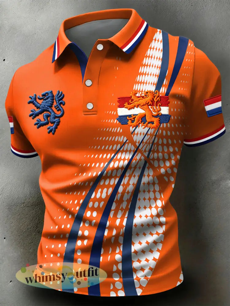 Retro Nederlandse Koningsdag Abstracte Strepen Casual Poloshirt - Sinaasappel / S