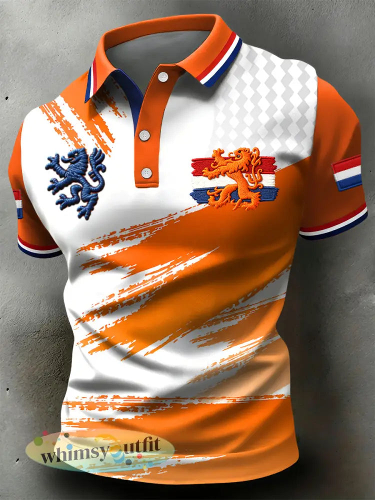 Retro Nederlandse Koningsdag Abstracte Textuur Kunst Casual Poloshirt - Sinaasappel / S