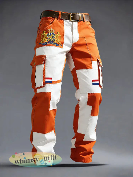 Retro Nederlandse Koningsdag Art Patchwork Casual werkbroek - Sinaasappel / S