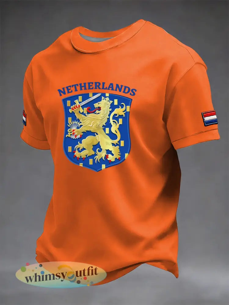 Retro Nederlandse Koningsdag Badge Kunst Casual T-shirt - Sinaasappel / S