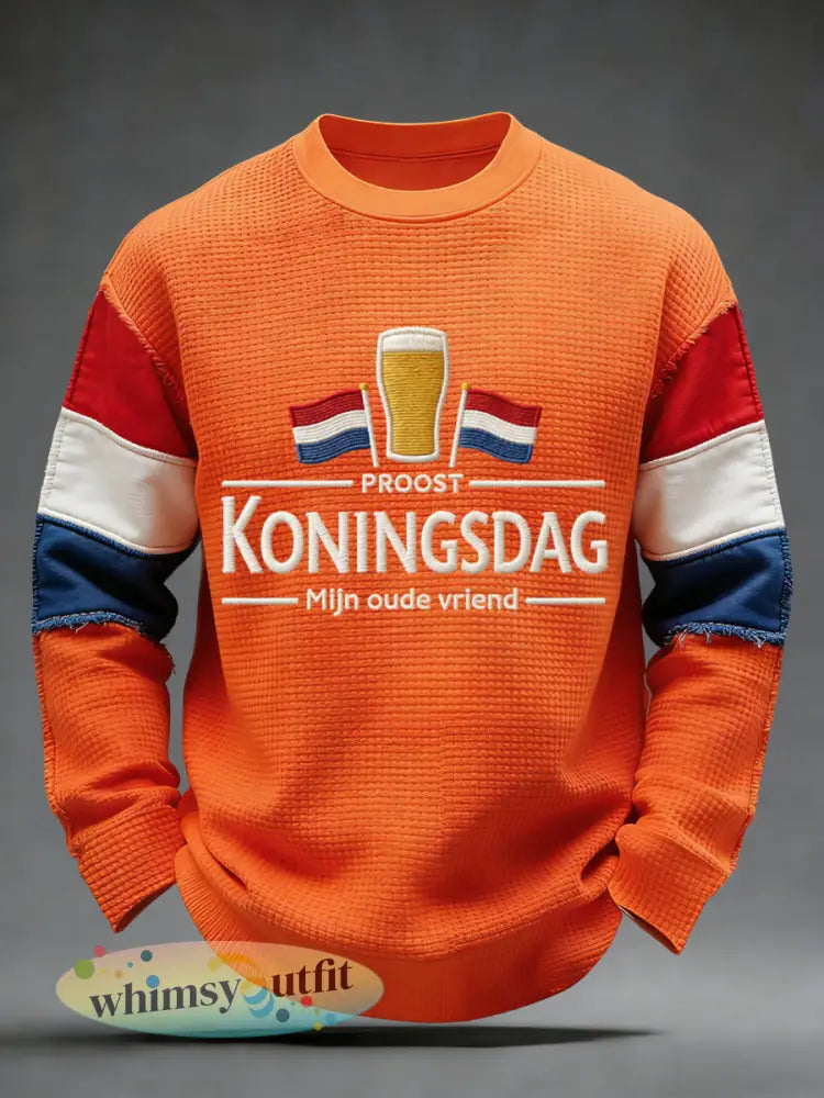 Retro Nederlandse Koningsdag Bier Viering Casual Waffle T-shirt - Sinaasappel / S