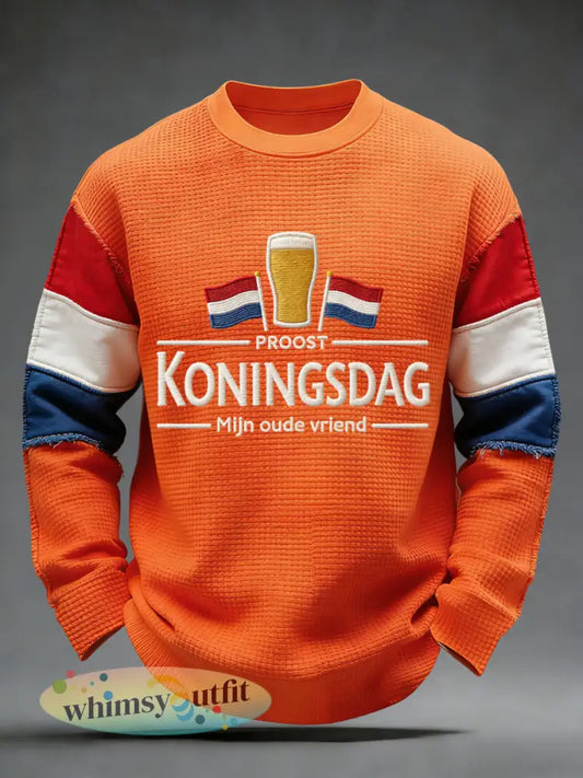 Retro Nederlandse Koningsdag Bier Viering Casual Waffle T-shirt - Sinaasappel / S