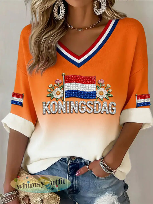 Retro Nederlandse Koningsdag damesgradiënt casual V-hals top - Sinaasappel / S