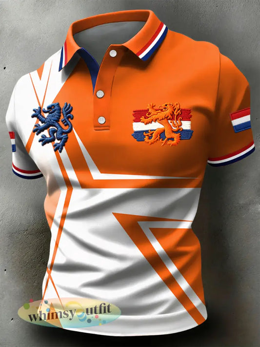 Retro Nederlandse Koningsdag Geometrisch Casual Poloshirt - Sinaasappel / S
