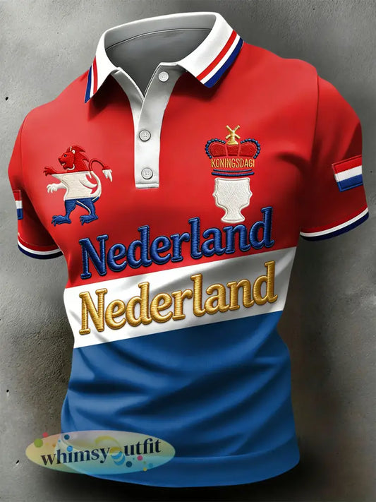 Retro Nederlandse Koningsdag Geometrisch Casual Poloshirt - Veelkleurig / S