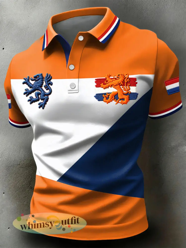 Retro Nederlandse Koningsdag Geometrische Patchwork Casual Poloshirt - Sinaasappel / S