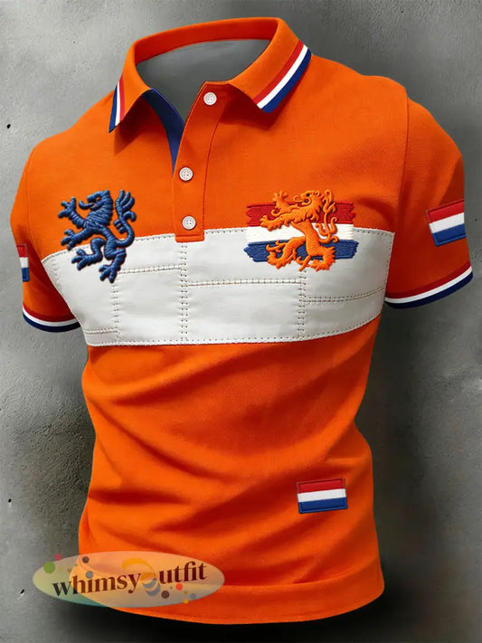 Retro Nederlandse Koningsdag Geometrische Patchwork Casual Poloshirt - Sinaasappel / S