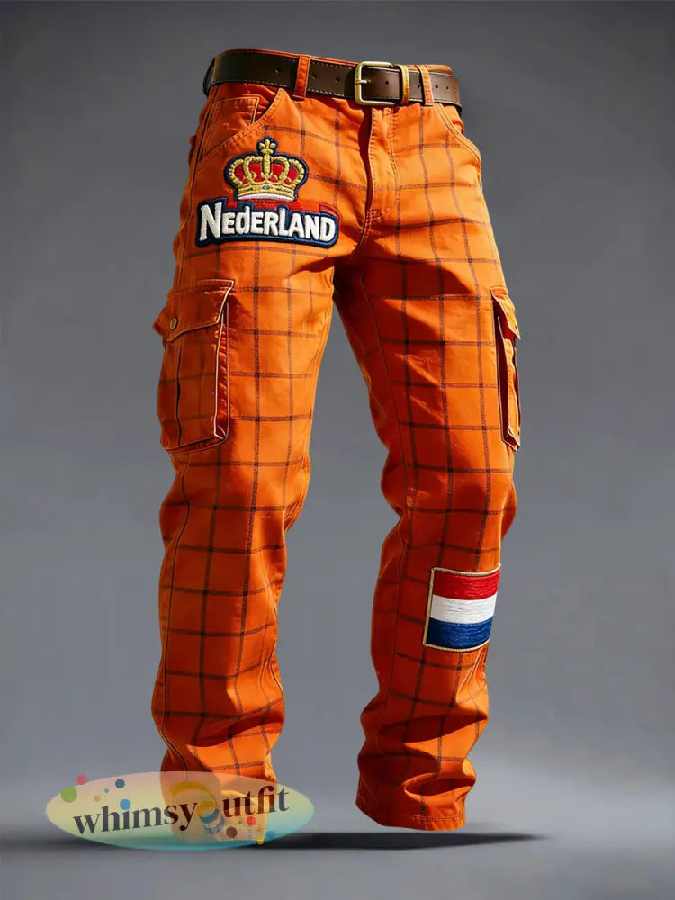 Retro Nederlandse koningsdag geruite casual werkbroek - Sinaasappel / S
