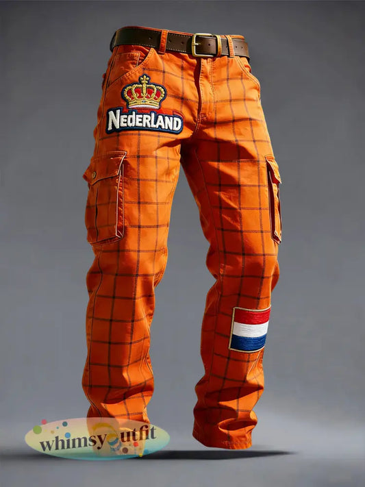 Retro Nederlandse koningsdag geruite casual werkbroek - Sinaasappel / S