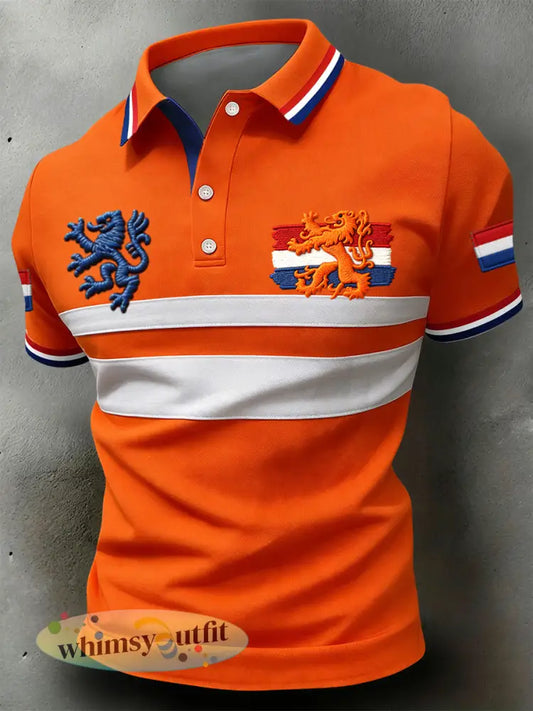 Retro Nederlandse Koningsdag Gestreept Patchwork Casual Poloshirt - Sinaasappel / S
