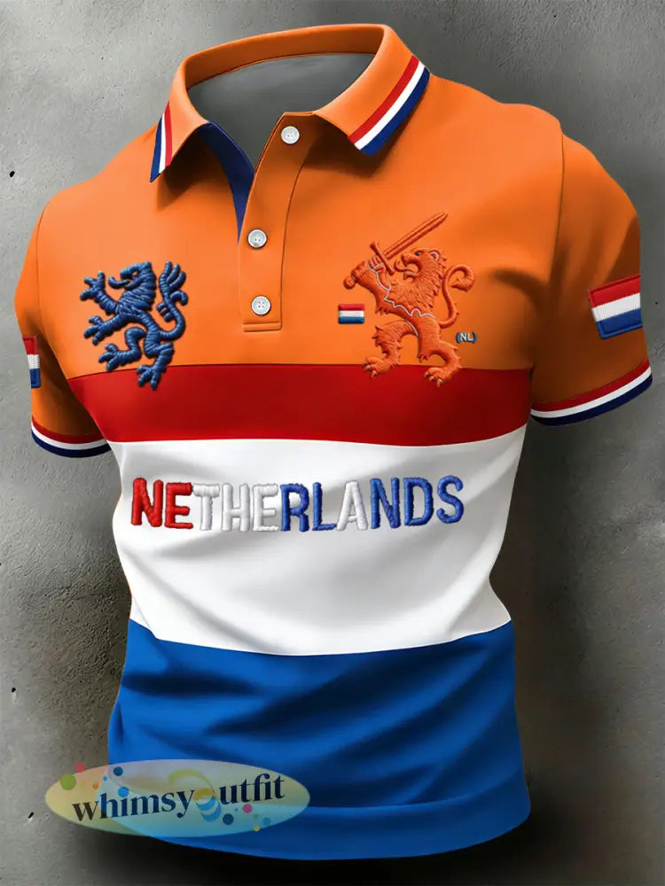 Retro Nederlandse Koningsdag gestreept patchwork casual poloshirt - Sinaasappel / S