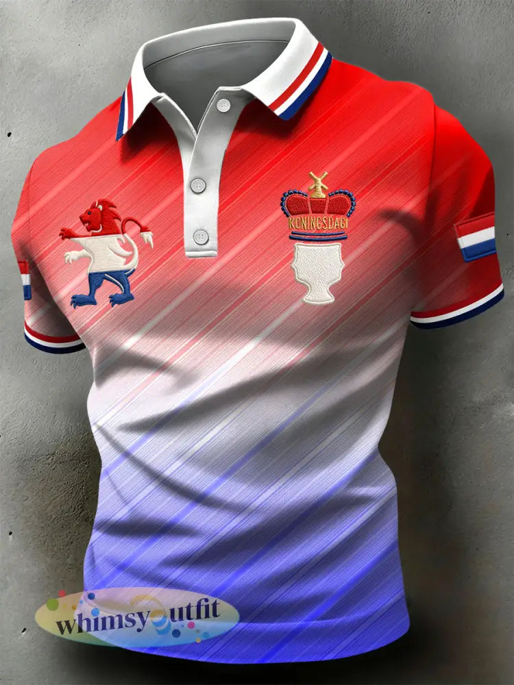 Retro Nederlandse Koningsdag Gradiënt Gestreept Casual Poloshirt - Veelkleurig / S