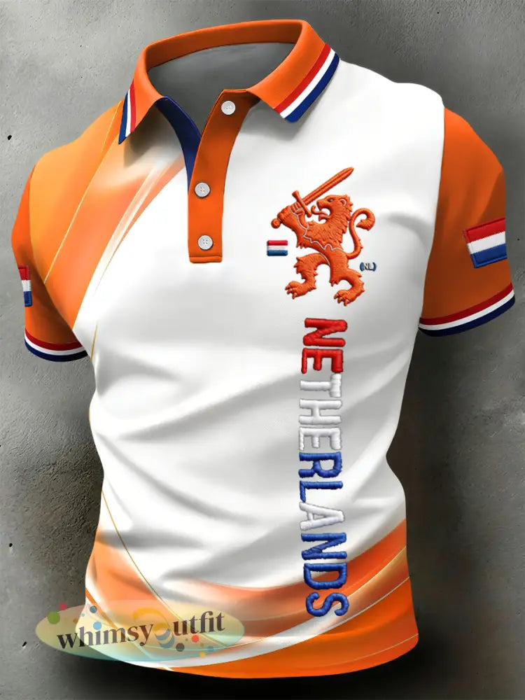 Retro Nederlandse Koningsdag Gradiënt Textuur Casual Poloshirt - Sinaasappel / S