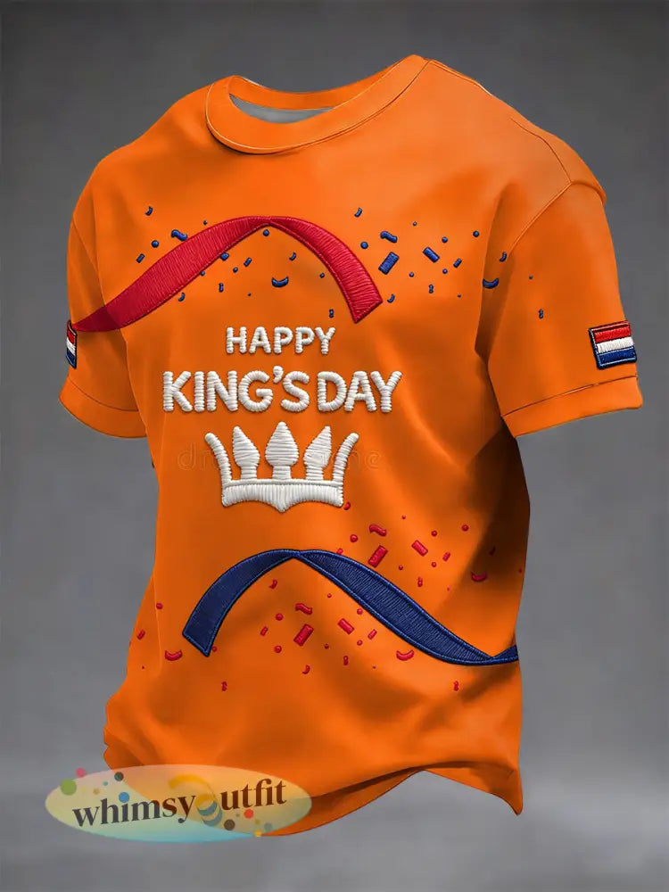 Retro Nederlandse Koningsdag Kroon Kunst Casual T-shirt - Sinaasappel / S